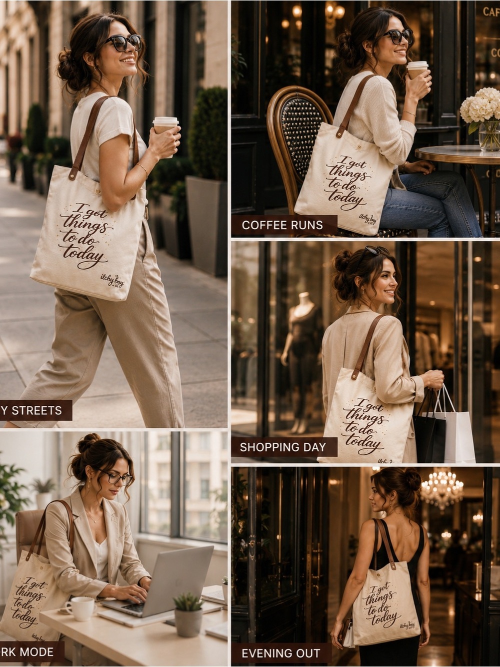 Brown Neutral ItalianCanvas Tote with Brown Leather Straps - "I Got Things to Do - Picture 5 of 15